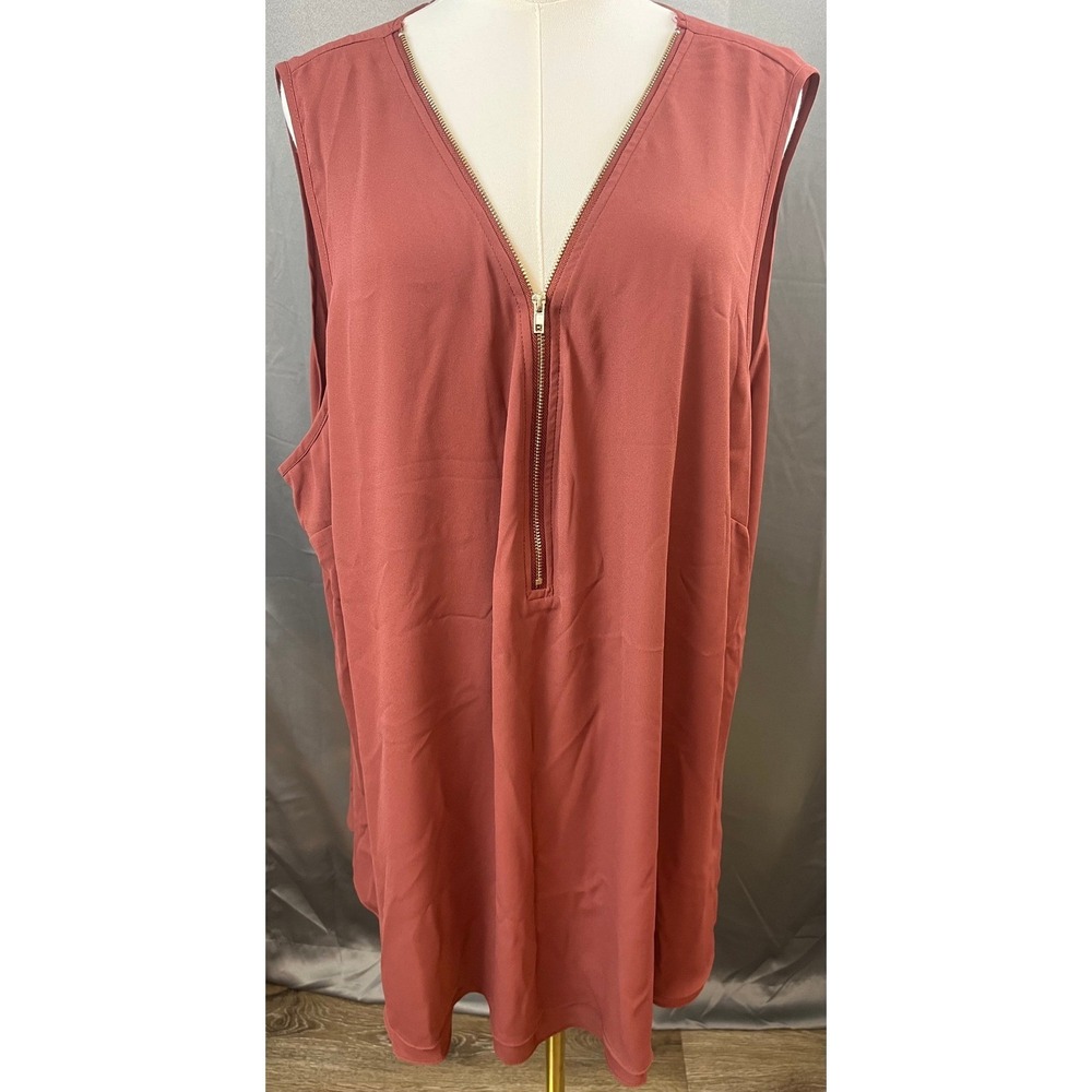 City Chic Womens XXL 24 Sleeveless Blouse Terracotta Gold Zipper Sheer Tunic